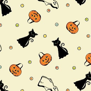 Vintage Halloween Cat, Pumpkin and Ghost with dots on Ivory