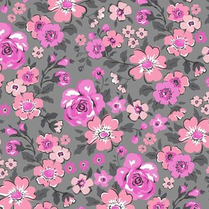 Ditsy Flowers Floral Pink on Grey