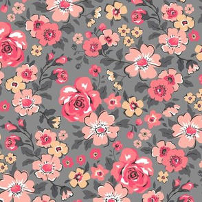 Ditsy Flowers Floral Red Peach on Grey