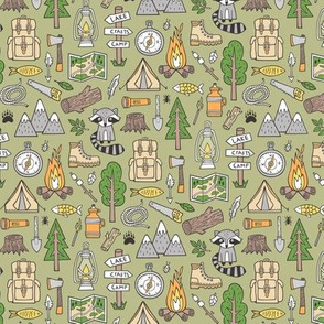 Outdoors Camping Woodland Doodle with Campfire, Raccoon, Mountains, Trees, Logs on Green  Smaller