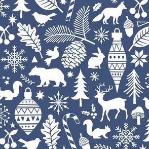 Woodland Forest Christmas Doodle with Deer,Bear,Snowflakes,Trees, Pinecone in Navy Blue