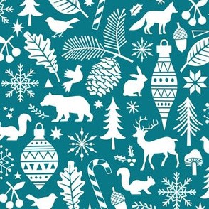 Woodland Forest Christmas Doodle with Deer,Bear,Snowflakes,Trees, Pinecone in  Darker Blue