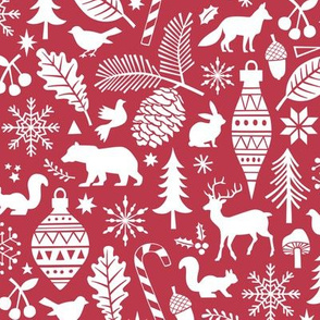 Woodland Forest Christmas Doodle with Deer,Bear,Snowflakes,Trees, Pinecone in Darker Red