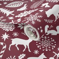 Woodland Forest Christmas Doodle with Deer,Bear,Snowflakes,Trees, Pinecone in Port Dark Red