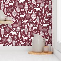 Woodland Forest Christmas Doodle with Deer,Bear,Snowflakes,Trees, Pinecone in Port Dark Red