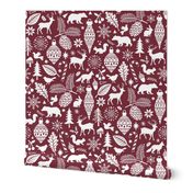 Woodland Forest Christmas Doodle with Deer,Bear,Snowflakes,Trees, Pinecone in Port Dark Red