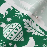 Woodland Forest Christmas Doodle with Deer,Bear,Snowflakes,Trees, Pinecone in Dark Green