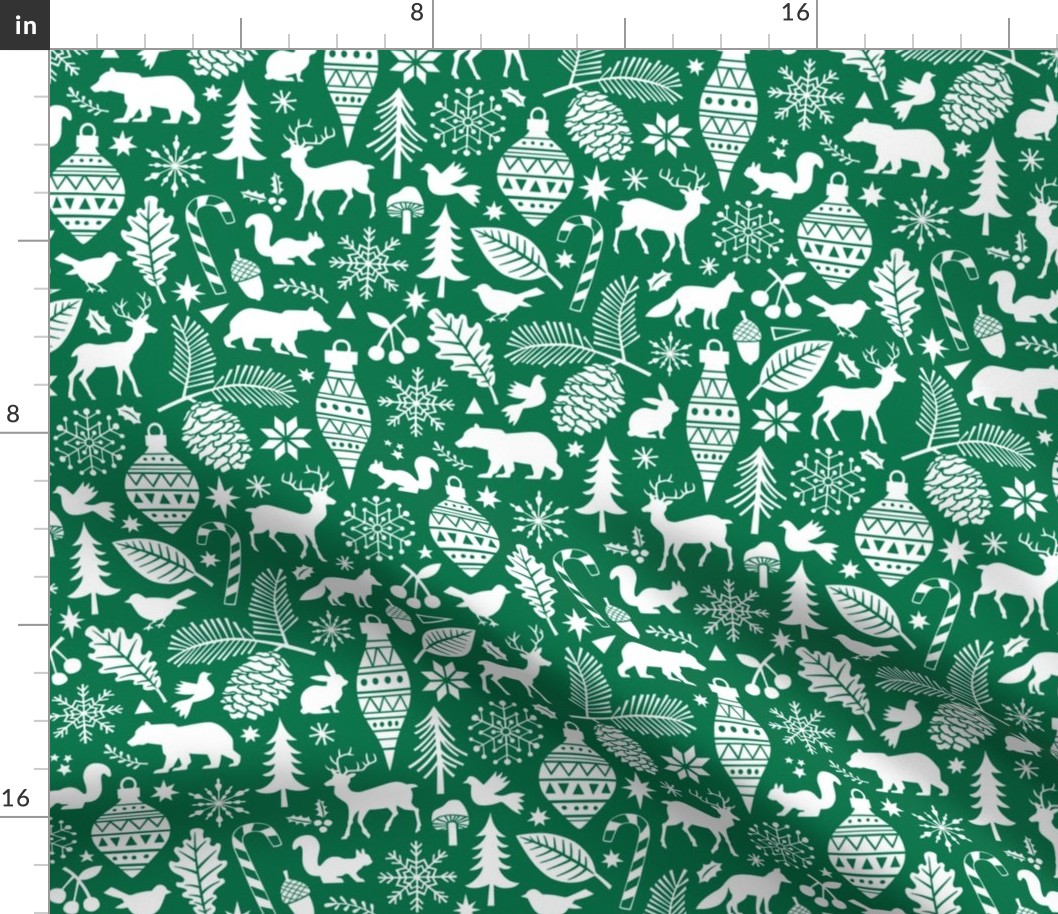 Woodland Forest Christmas Doodle with Deer,Bear,Snowflakes,Trees, Pinecone in Dark Green