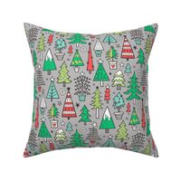 Christmas Trees Doodle Forest Woodland Red on Lighter Grey