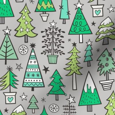 Christmas Trees Doodle Forest Woodland Green on Light Grey