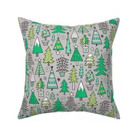 Christmas Trees Doodle Forest Woodland Green on Light Grey