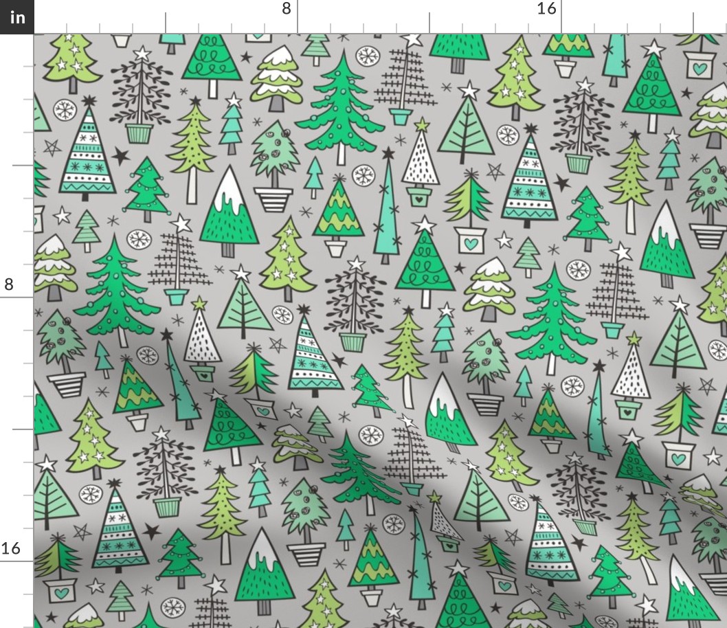 Christmas Trees Doodle Forest Woodland Green on Light Grey