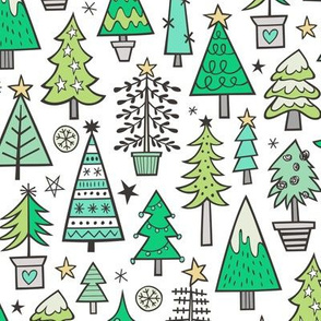 Christmas Trees Doodle Forest Woodland Green on White