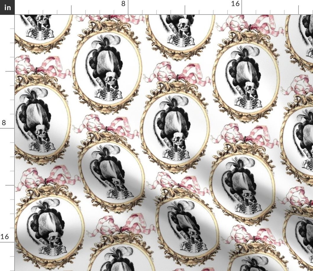 5 Marie Antoinette french France Queen Empress poufs skulls skeletons Victorian elegant gothic lolita Baroque Rococo Princess bows ribbons borders frames medallions  morbid macabre scary parody caricature egl 