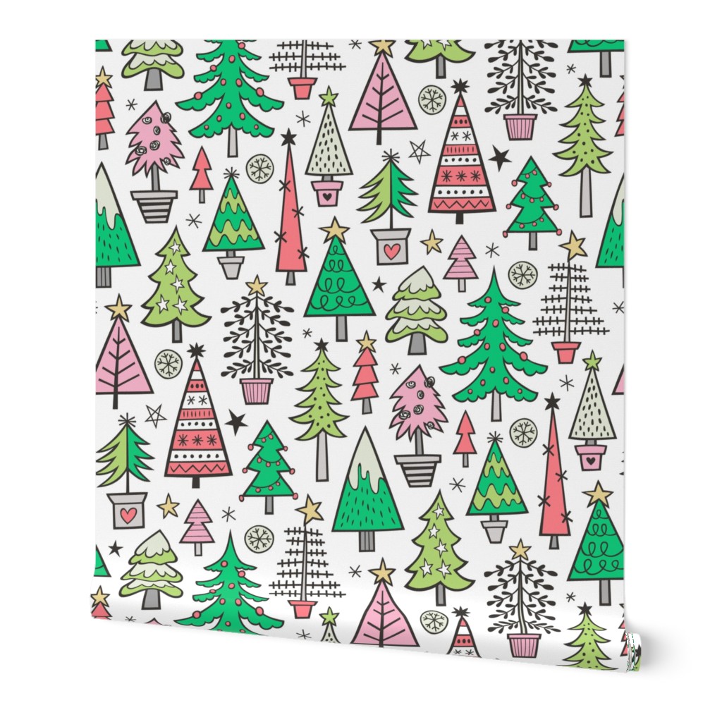 Christmas Trees Doodle Forest Woodland Pink Light Red on Light Grey