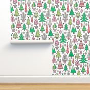 Christmas Trees Doodle Forest Woodland Pink Light Red on Light Grey