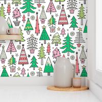 Christmas Trees Doodle Forest Woodland Pink Light Red on Light Grey