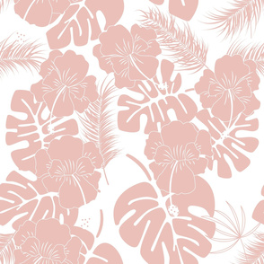 Seamless tropical pattern with pink monstera leaves and flowers on white background
