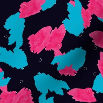 Abstract Magenta and Turquoise on Black Upholstery Fabric