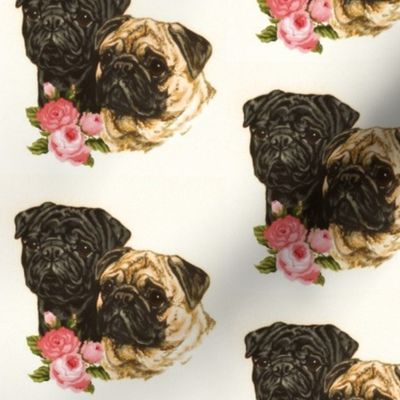 Pug dogs with flowers on cream background