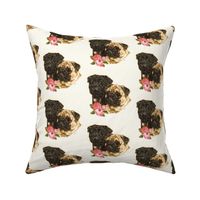 Pug dogs with flowers on cream background