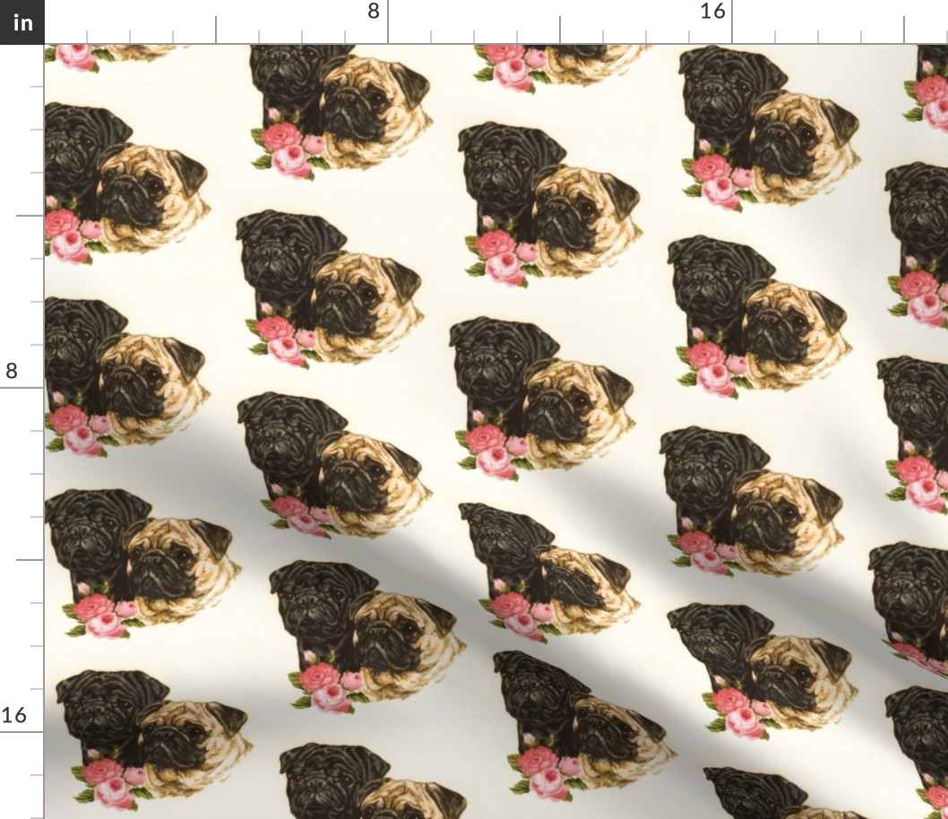 Pug dogs with flowers on cream background