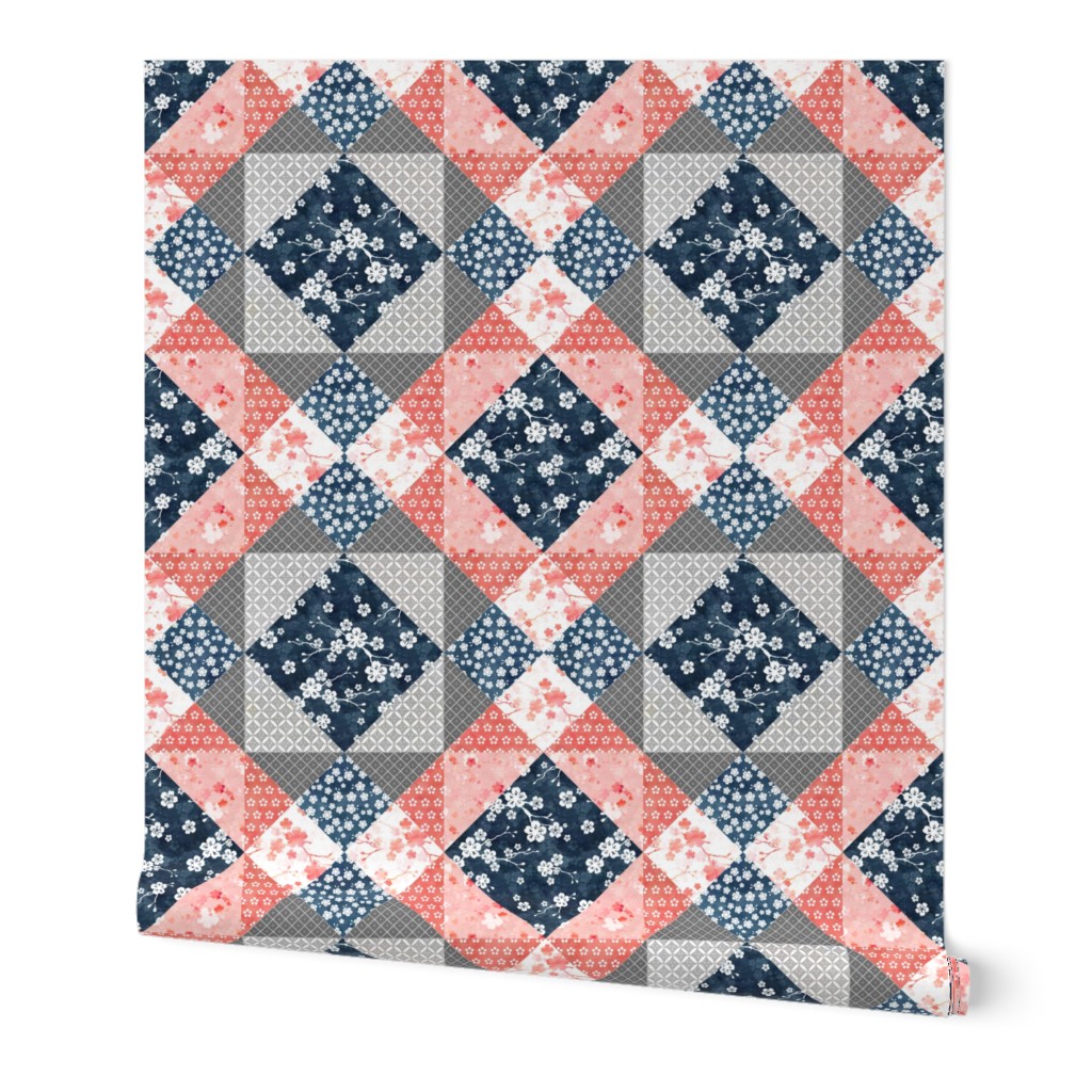 Cherry blossom cheater quilt navy and peach pink