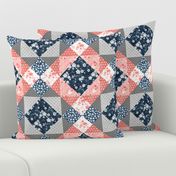 Cherry blossom cheater quilt navy and peach pink