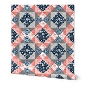 Cherry blossom cheater quilt navy and peach pink