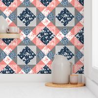 Cherry blossom cheater quilt navy and peach pink