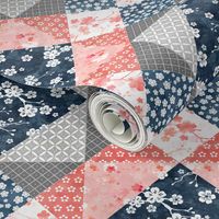 Cherry blossom cheater quilt navy and peach pink