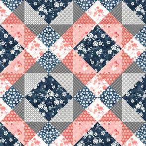 Cherry blossom cheater quilt navy and peach pink
