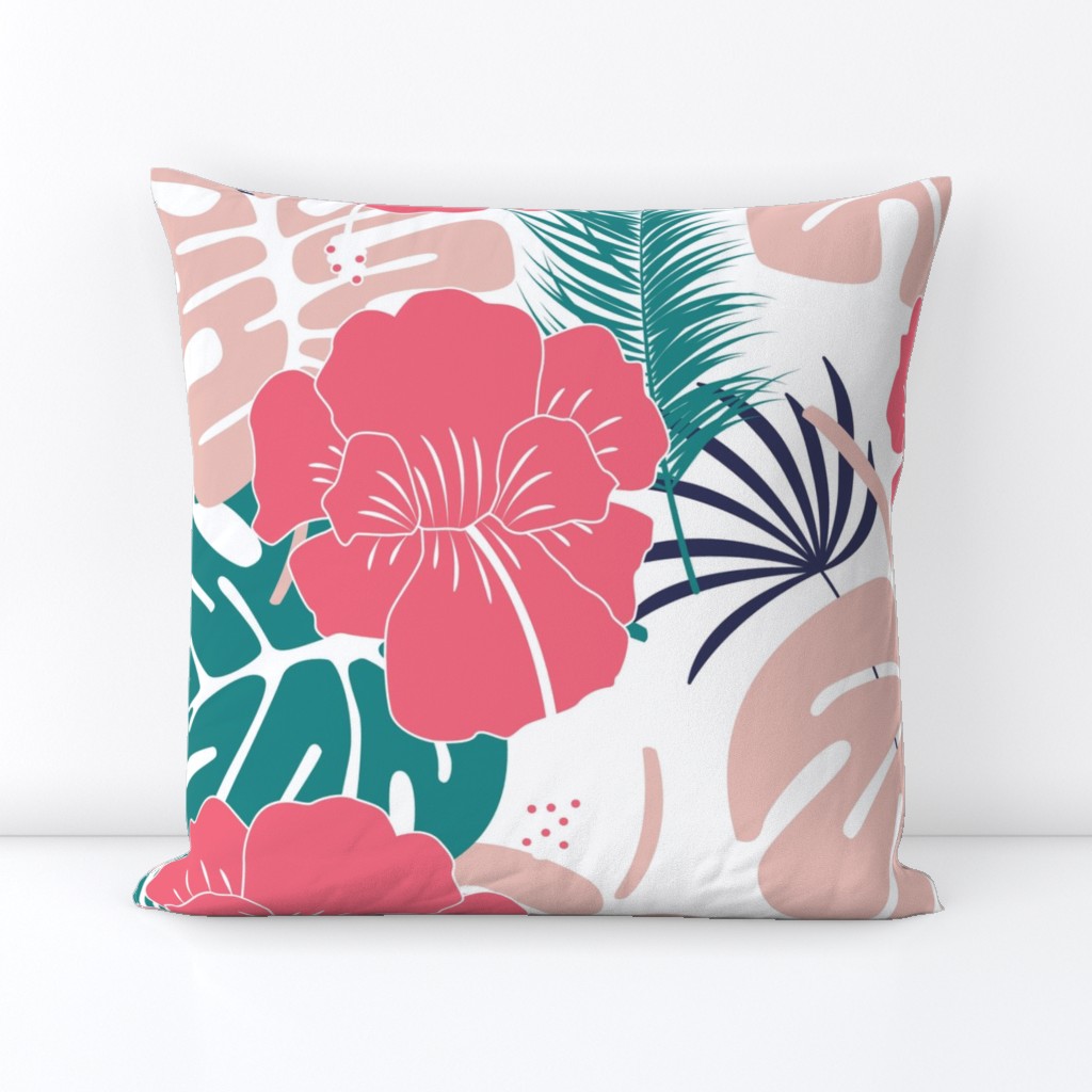 Seamless tropical pattern with monstera leaves and flowers on white background