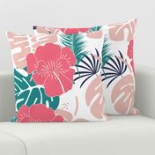 Seamless tropical pattern with monstera leaves and flowers on white background