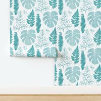 Turquoise tropical leaves on white