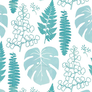 Turquoise tropical leaves on white