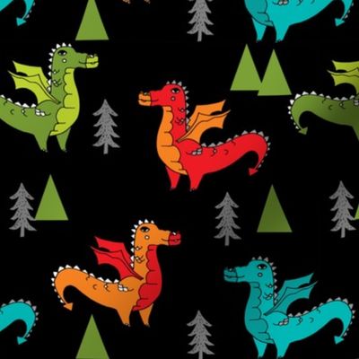 dragon fabric // quirky kids illustration fun design original andrea lauren illustration - brights on black