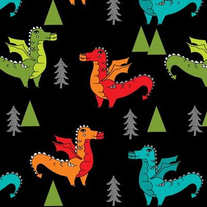 dragon fabric // quirky kids illustration fun design original andrea lauren illustration - brights on black