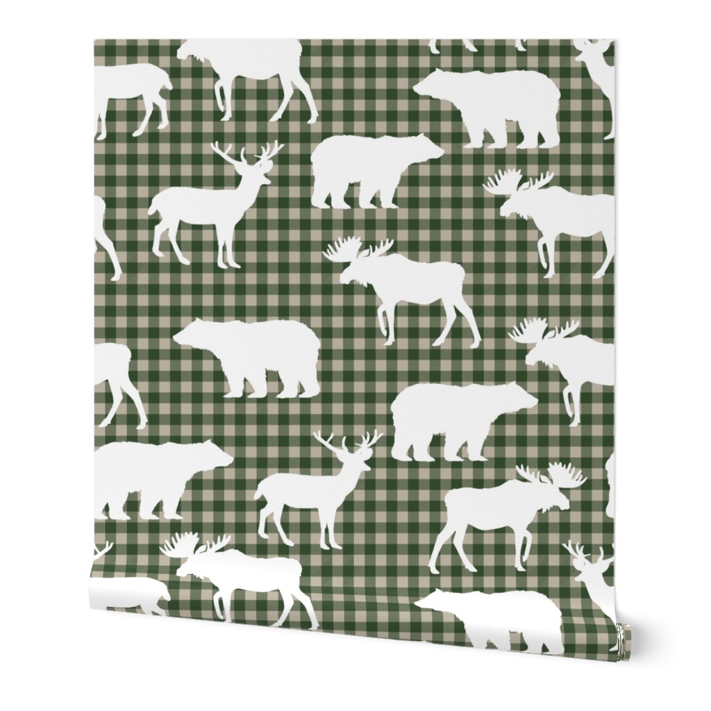 buffalo plaid animals fabric - hunter green and tan