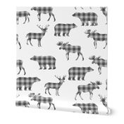 buffalo plaid animals fabric - grey plaid on white
