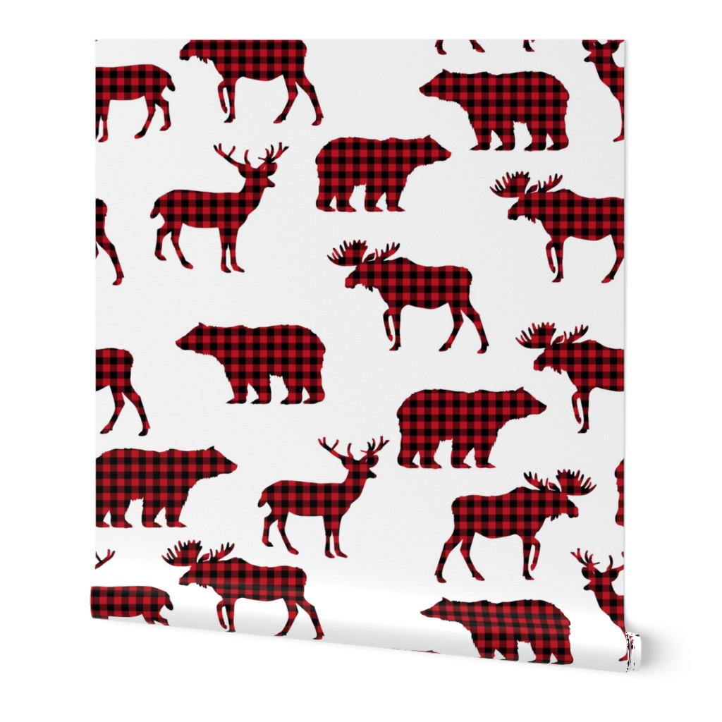 buffalo plaid animals fabric - red and black plaid on white