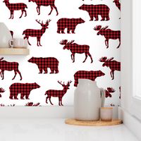 buffalo plaid animals fabric - red and black plaid on white