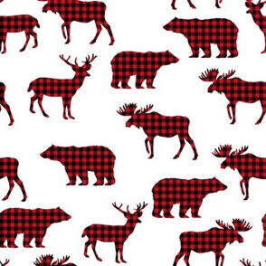 buffalo plaid animals fabric - red and black plaid on white