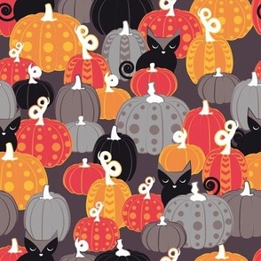 Small scale // Find the Halloween Black Cat // normal scale // brown grey background black kitties orange red yellow black and white cute pumpkins