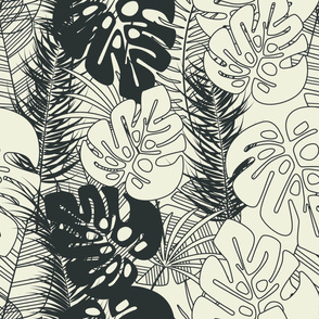 Summer seamless tropical pattern with monstera palm leaves and plants on vanilla background
