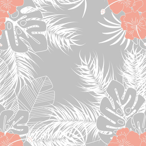 Summer seamless tropical pattern with monstera palm leaves and plants on gray background