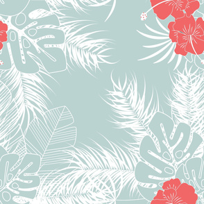 Summer seamless tropical pattern with monstera palm leaves and flowers on blue background