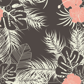 Summer seamless tropical pattern with monstera palm leaves, plants and flowers on brown background