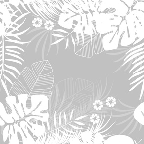 Summer seamless tropical pattern with monstera palm leaves and plants on gray background