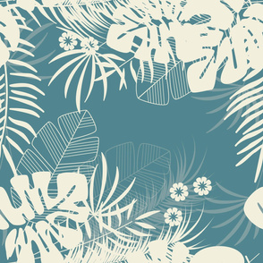 Summer seamless tropical pattern with monstera palm leaves and plants on blue background